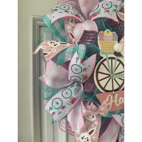Happy Easter Bunny Rabbit Bicycle Deco Mesh Ribbon Spring Wreath Door Hanger - Picture 4 of 9